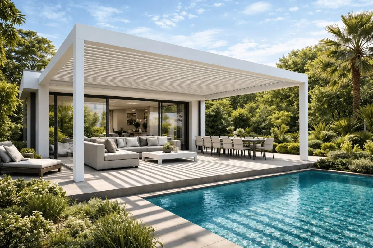 Pergola bioclimatica in alluminio con lamelle orientabili su un giardino
